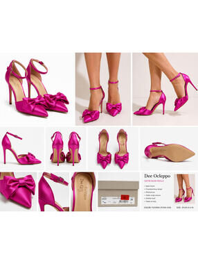Dee Ocleppo Satin Bow Heels 39 Fuchsia Pink Stiletto Ankle Strap Pointed Toe Pum